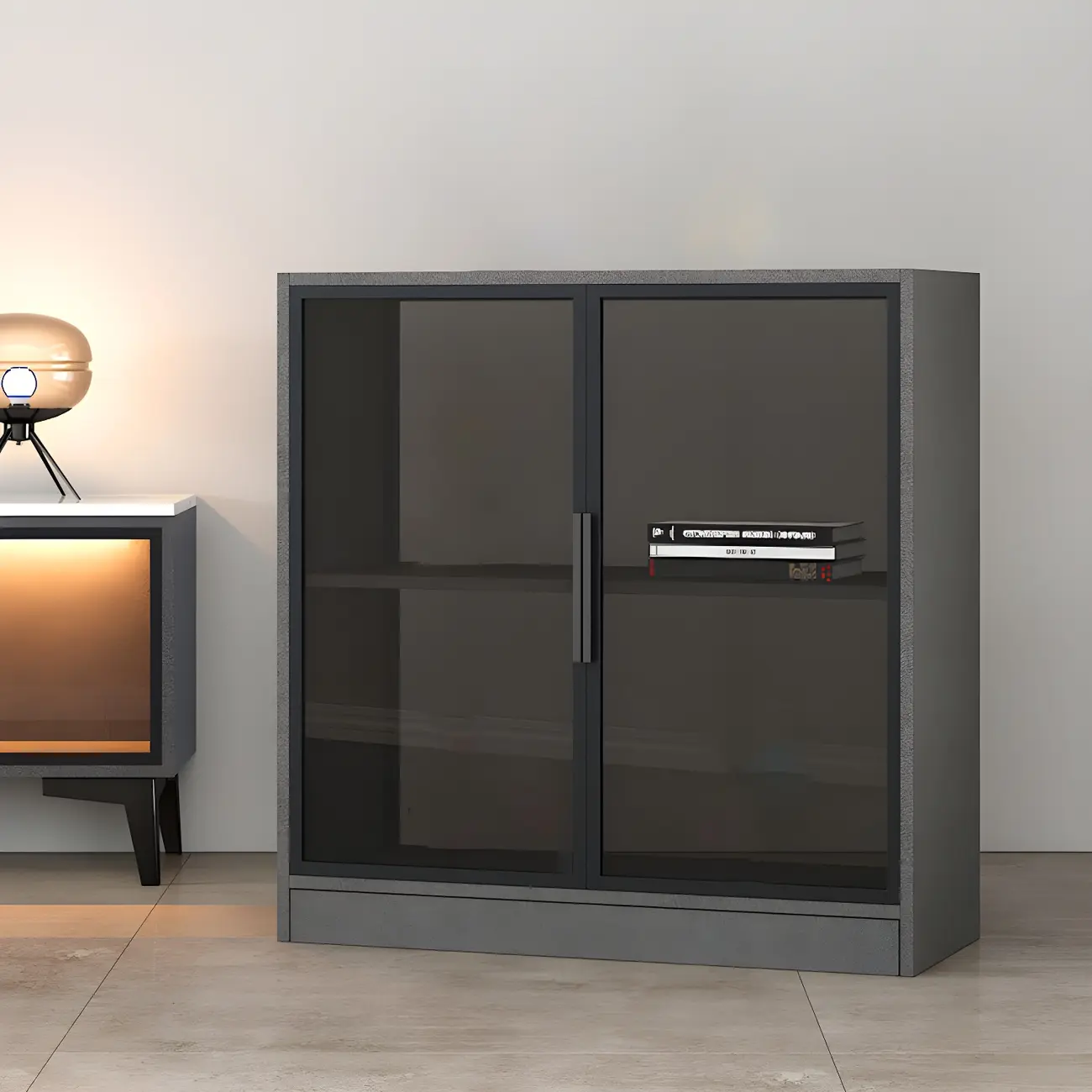 Square 2-Shelf Black Wooden Display Cabinet with Light