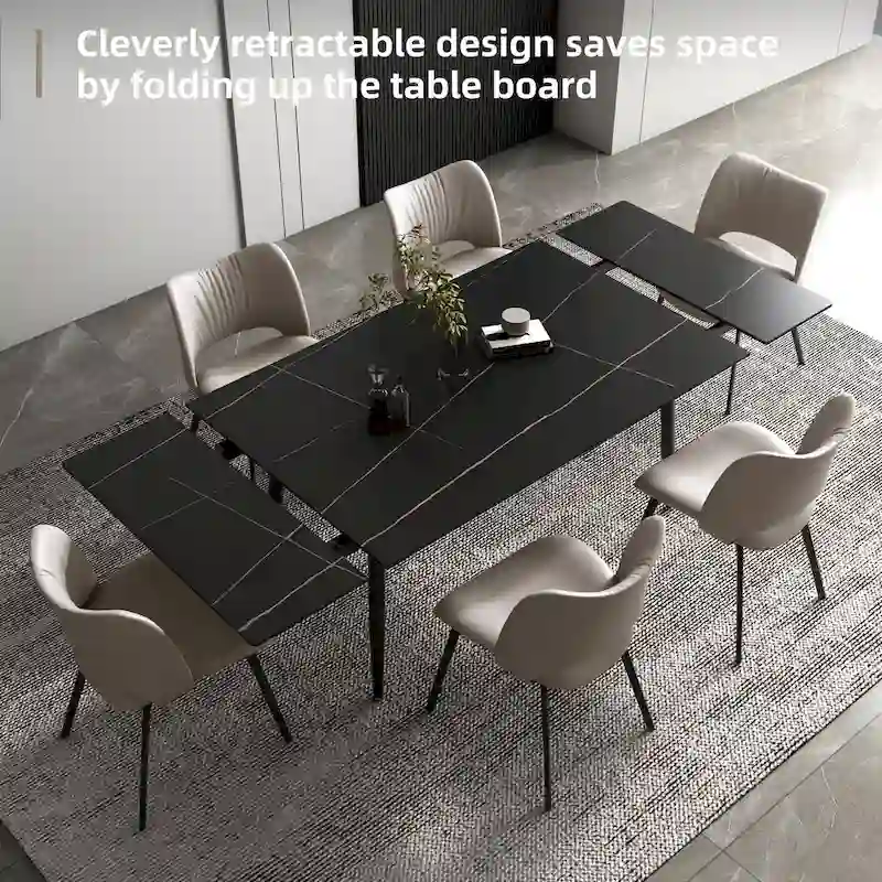 9 Piece 62.9 inch to 94.4 inch Extendable Dining Table Set with Sintered Stone Top 8 Chairs