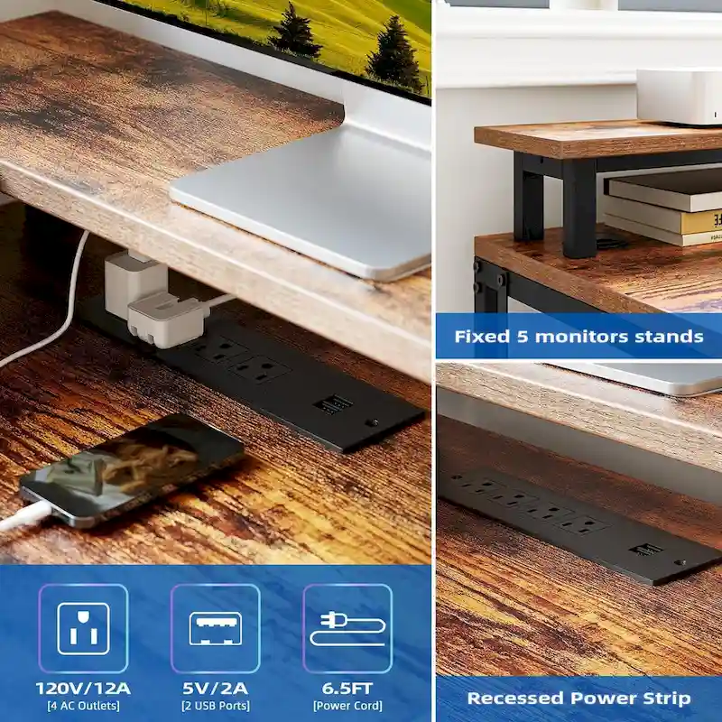 68 Home Office Desk with File Drawer & Power Outlet, LED Lights