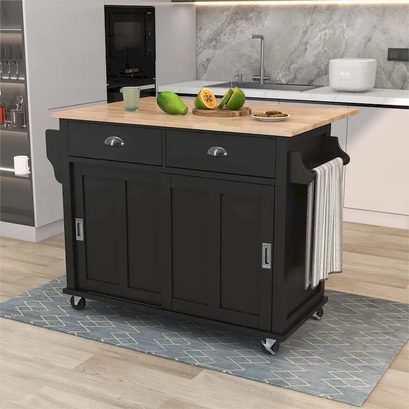 Kitchen Cart with Rubber wood Drop-Leaf Countertop