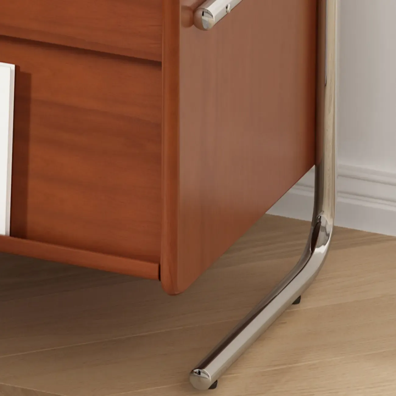 Narrow Mid-Century Modern Brown Wood Nightstand with Drawers