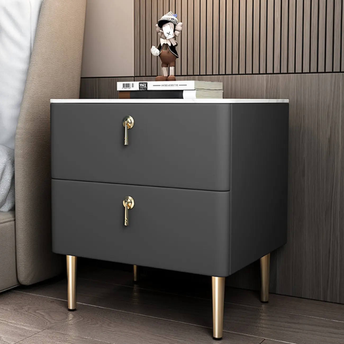 Modern Stone Top Gold Accents Leather 2 Drawer Nightstand