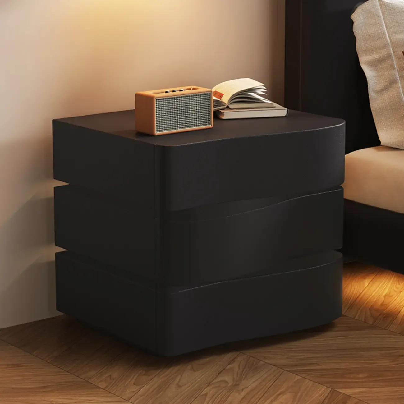 Stylish Black Wooden Wave 3 Drawers Nightstand