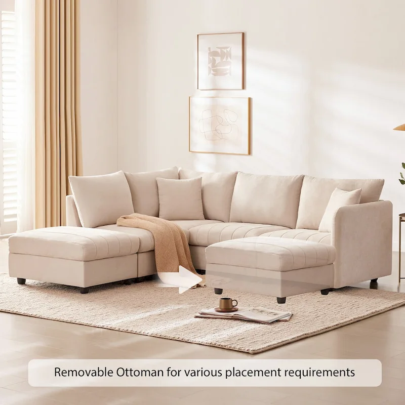 Modern L-Shape Sectional Sofa with Vertical Stripes,2 Pillows,Ottoman,Various Combinations,Beige