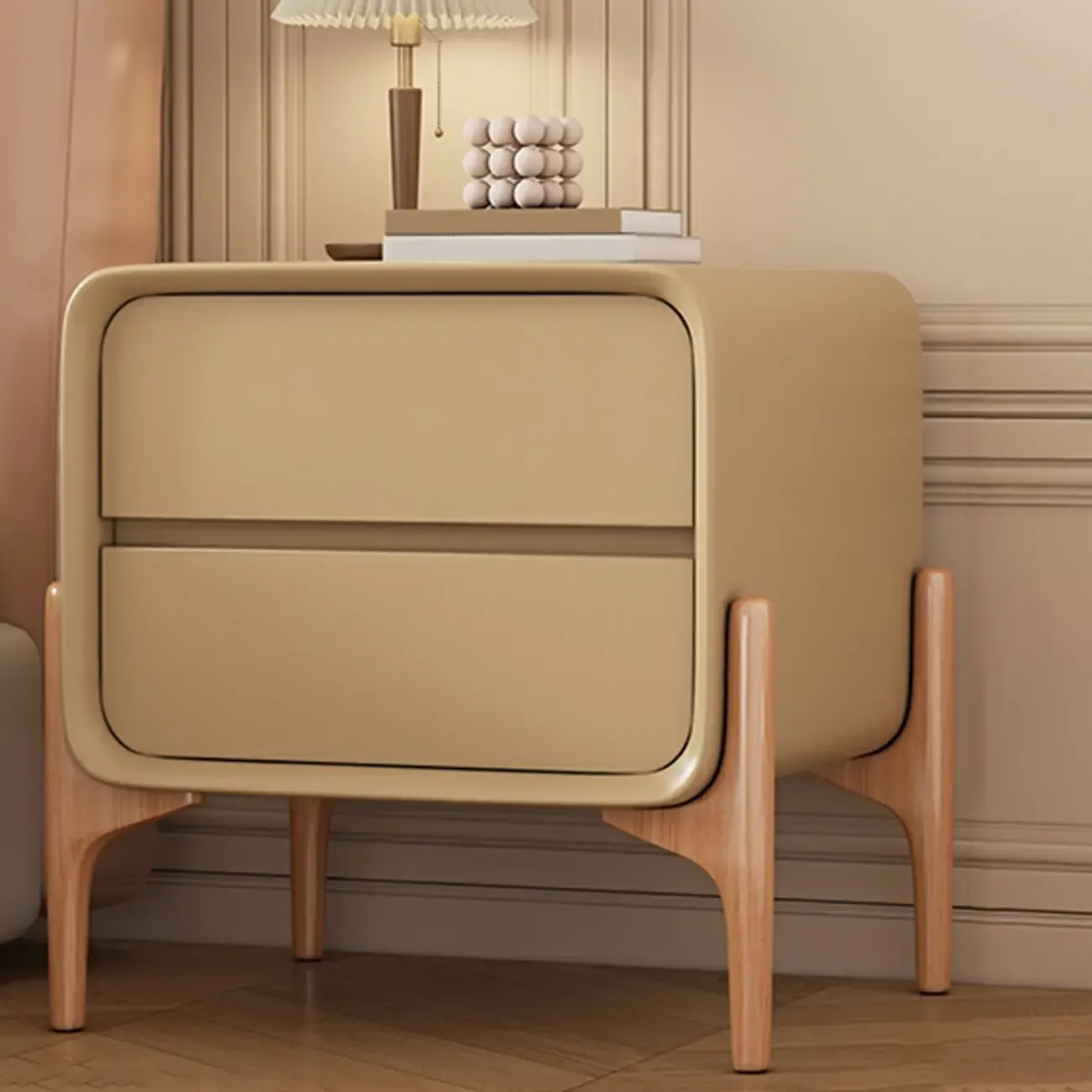 Simple Curved Wooden Faux Leather 2 Drawer Nightstand