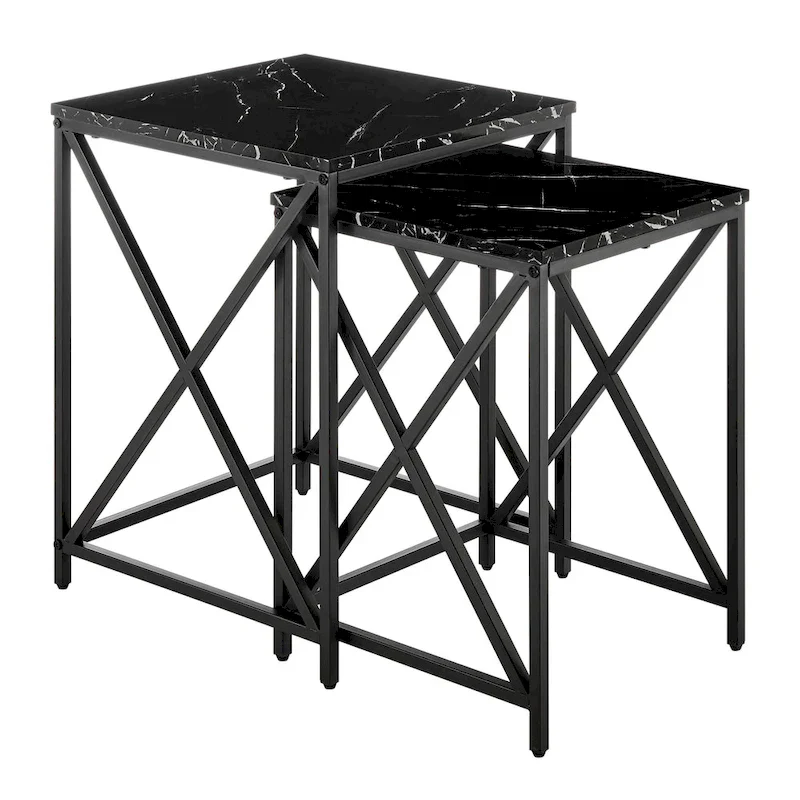 Modern Square Marble Finish Veneer Top Black Metal Frame Nesting End Tables - Set of 2