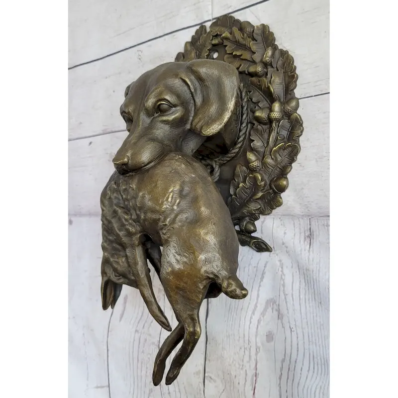 Hanging Wall Mounted Bronze Sculpture Of Retriever Dog With Imitative Rabbit In Mouth 12 Inches X 17 Inches