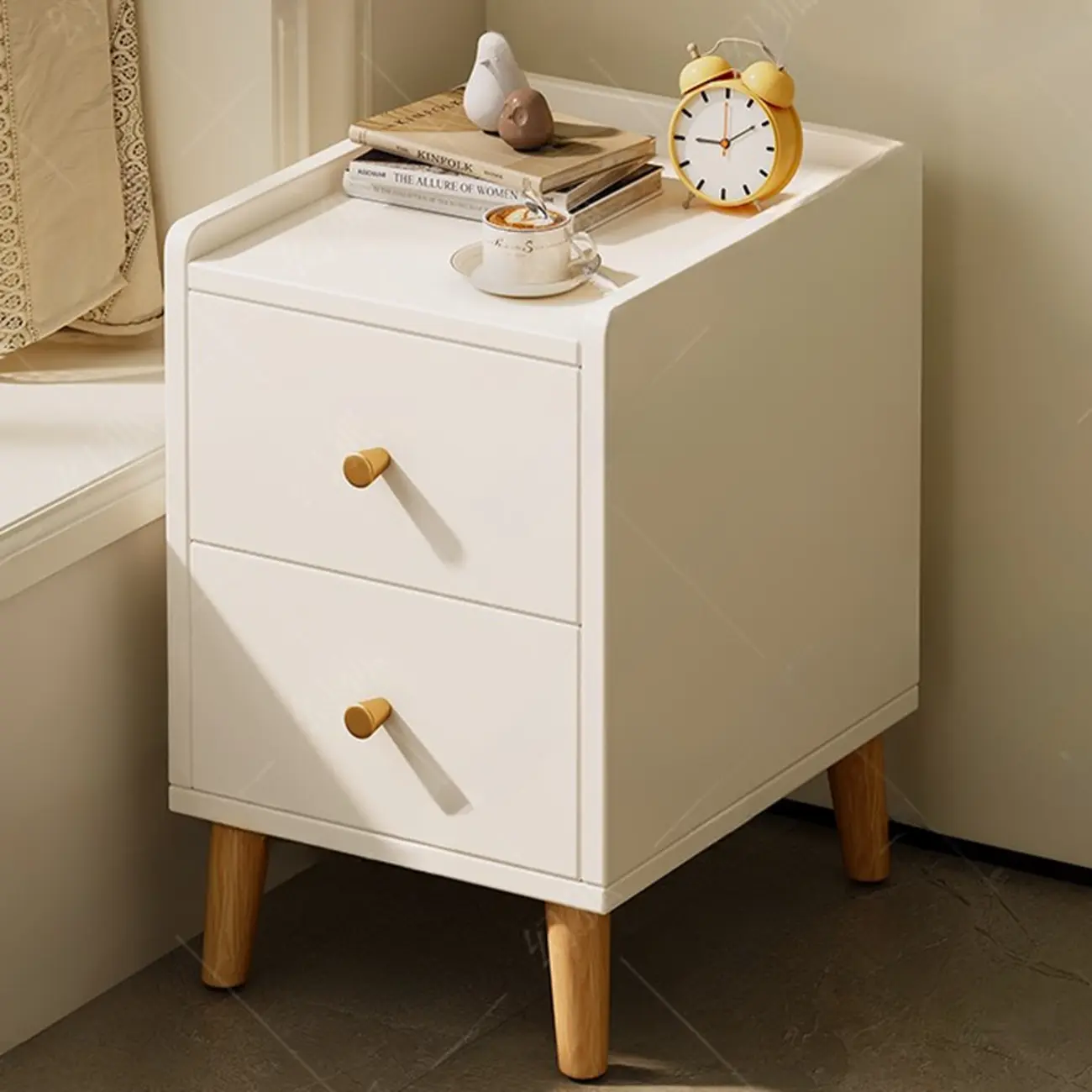 Modern White Wooden Bedside Table with Drawers