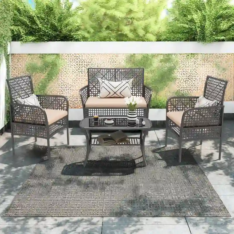 4-Piece Outdoor PE Rattan Wicker Cnversation Sofa Set with Tempered Glass Coffee Table and Waterproof Cushions