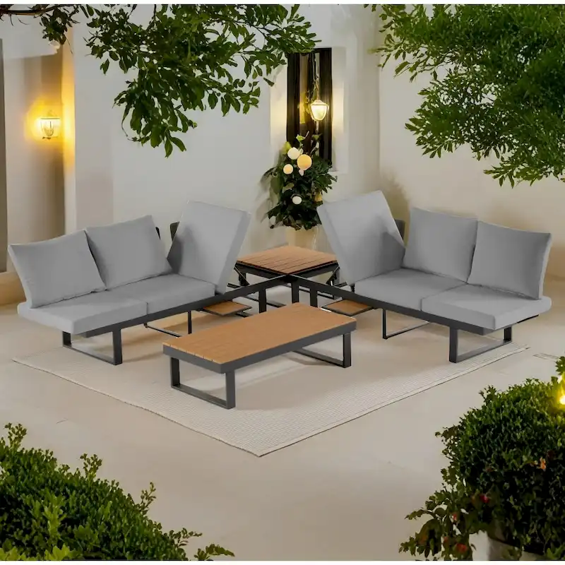 Outdoor Modular Sectional Sofa Set with Coffee Table, Side Table, and Adjustable Reclining Seats