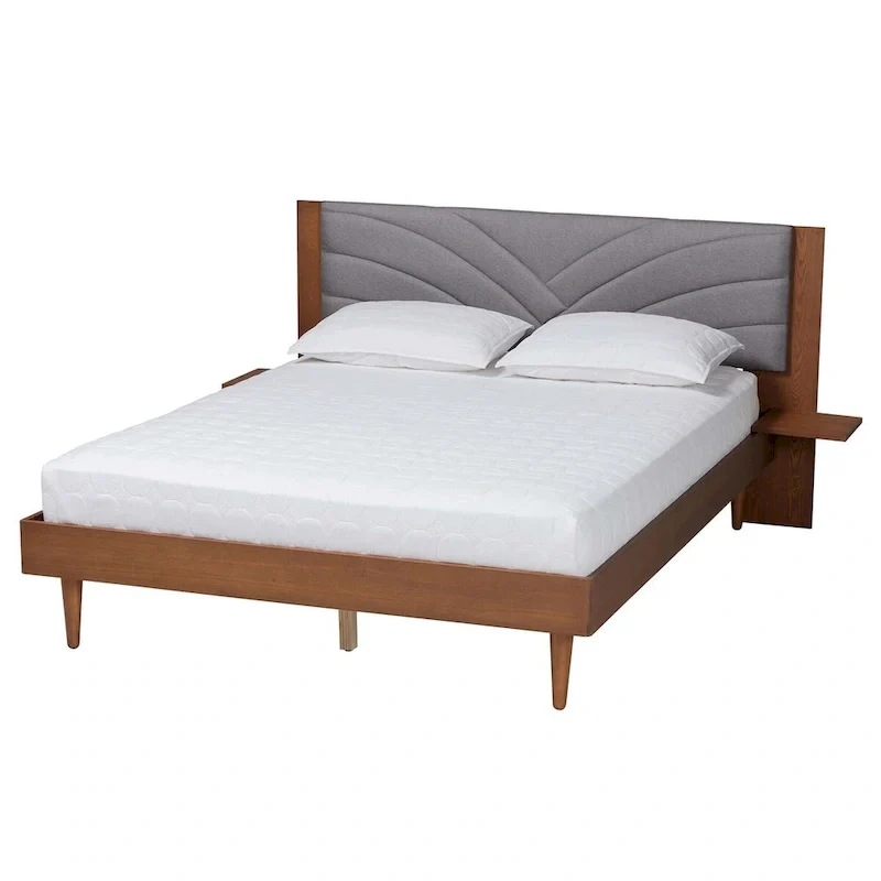 Hemera Mid-Century Modern Grey Fabric and Walnut Brown Wood Queen Size Platform Bed With Floating Side Table
