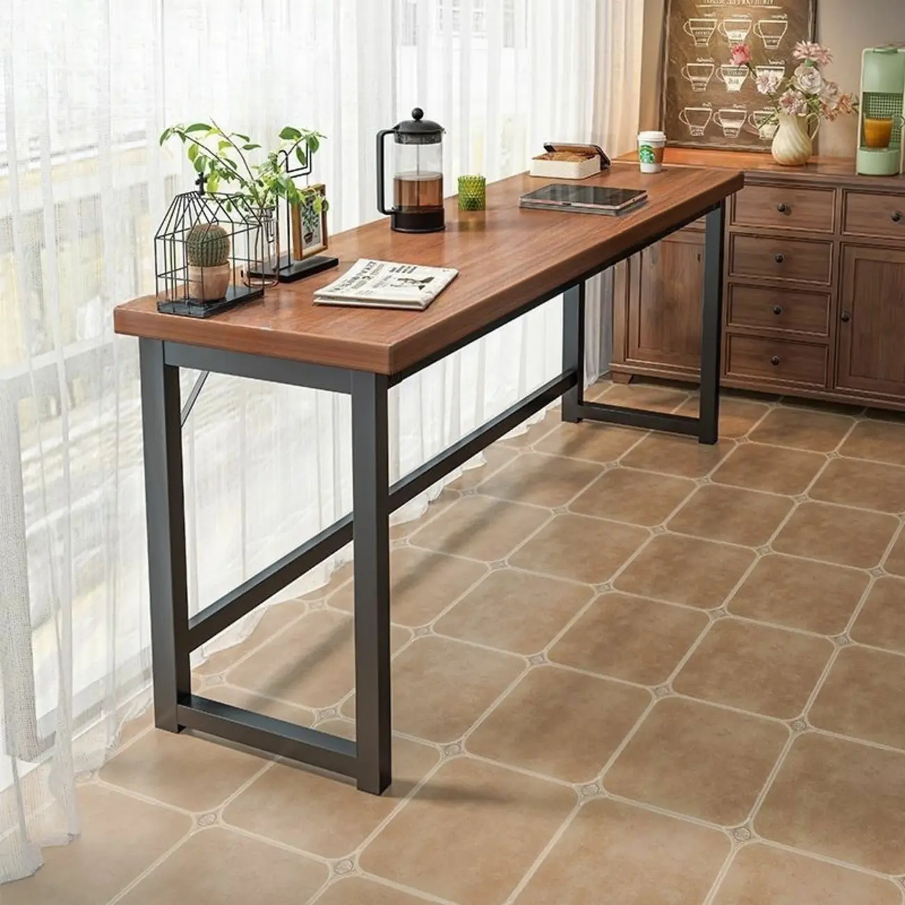 Modern Brown Wooden Metal Frame Fixed Top Bar Tables