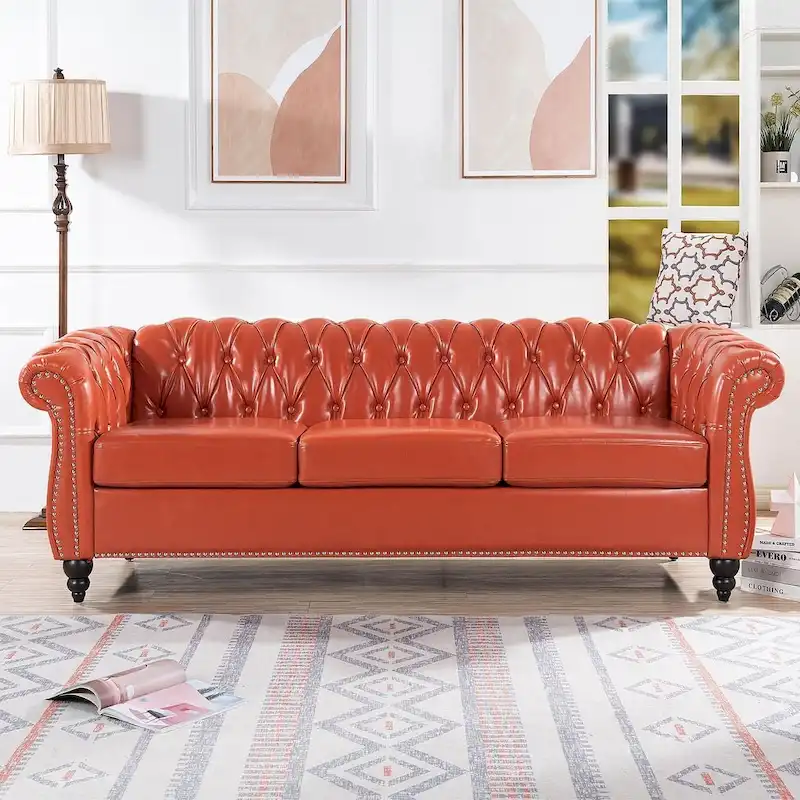 84.65 Chesterfield Tufted Faux Leather Sofa with Rolled Arms