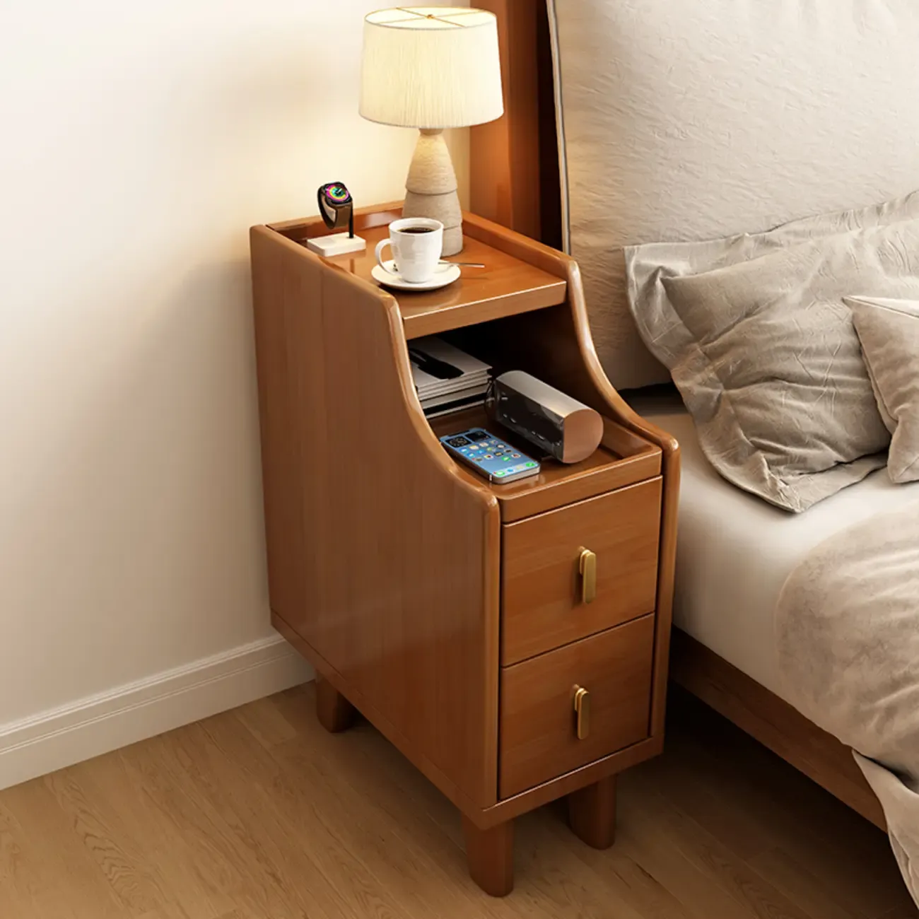 Narrow Small Walnut Wood Nightstand with Shelves