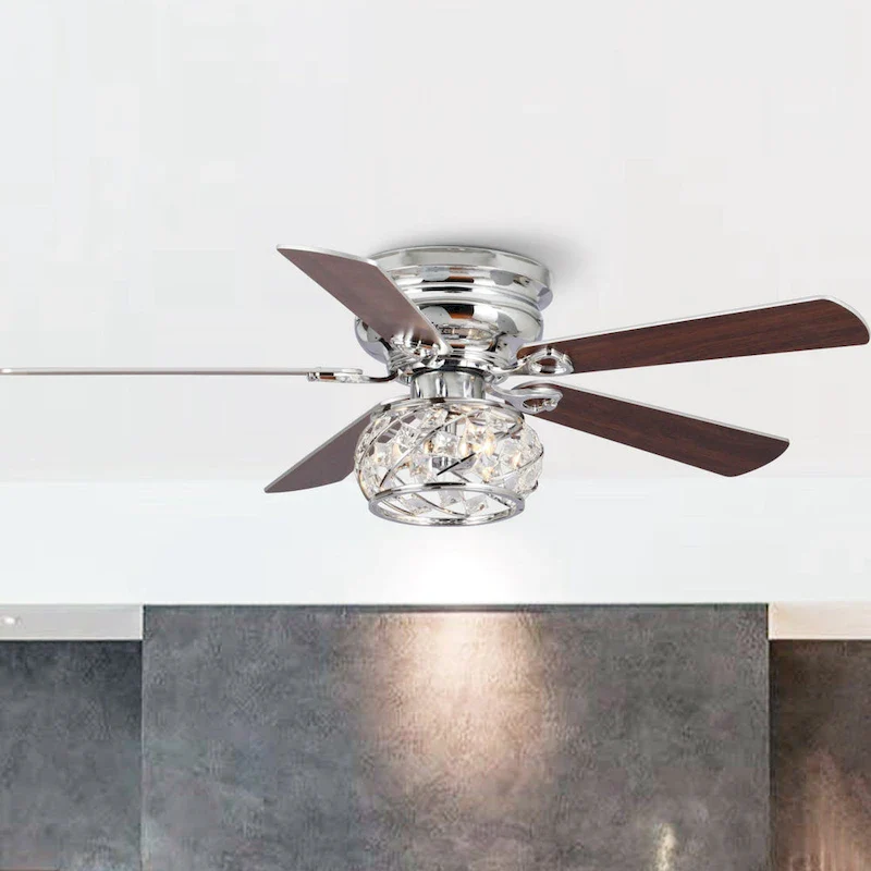 48  Chrome Wooden 5-Blade Crystal Flush Mount Ceiling Fan with Remote
