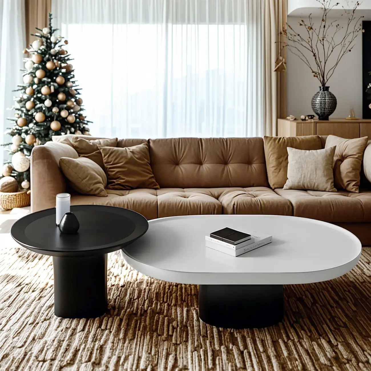Modern Oval White Wood Coffee Table with Pedestal Base