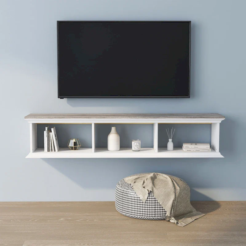 DH BASIC Transitional White 63-Inch 3-Shelf Floating TV Stand by Denhour