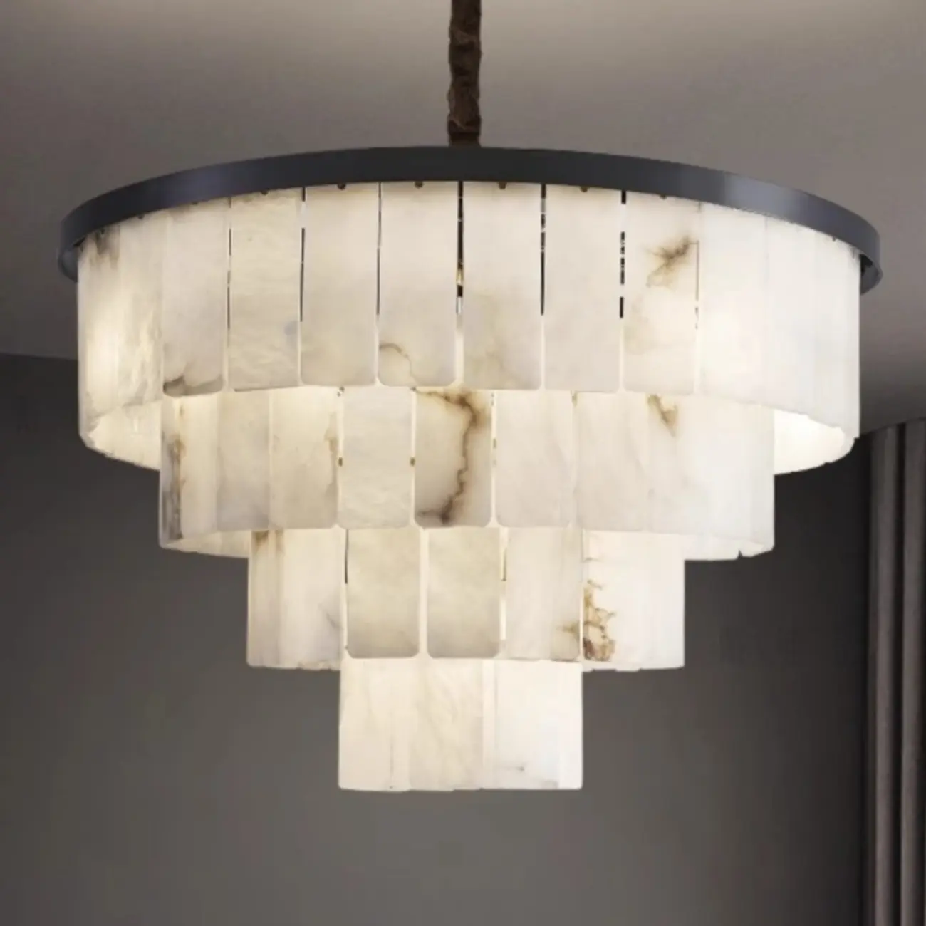 Timeless Tiered Circular Black Metallic Alabaster Chandelier