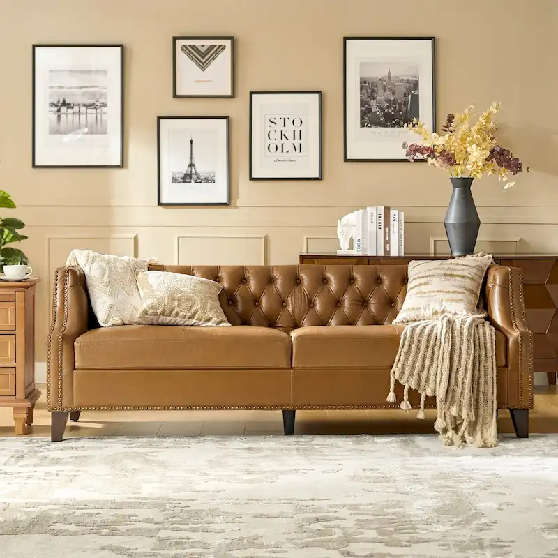 Eugne Transitional Genuine Leather Tufted Design Sofa with Solid Wood Legs by HULALA HOME