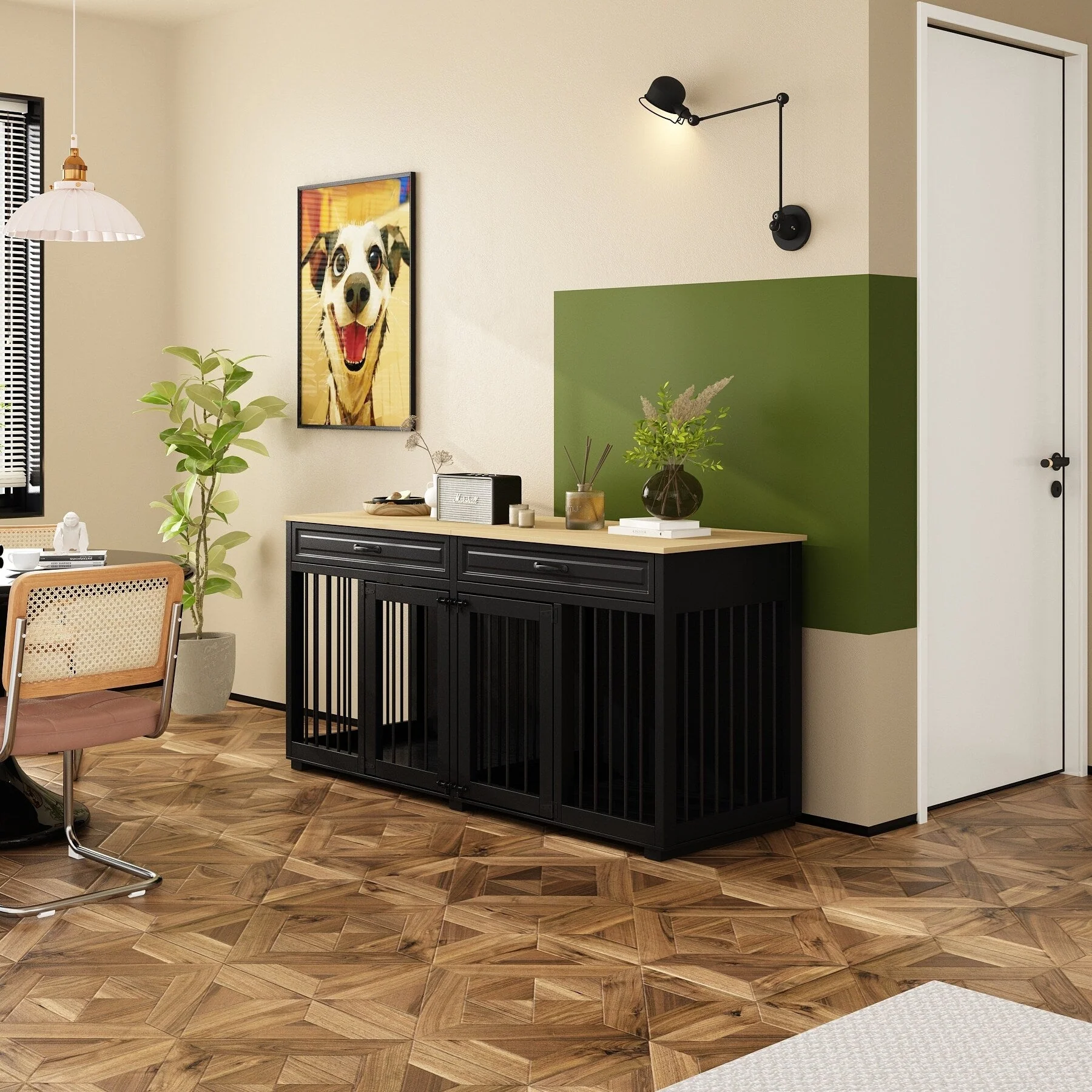 Wooden Double Dog Crate Kennel Furniture with 2 Drawers & Divider