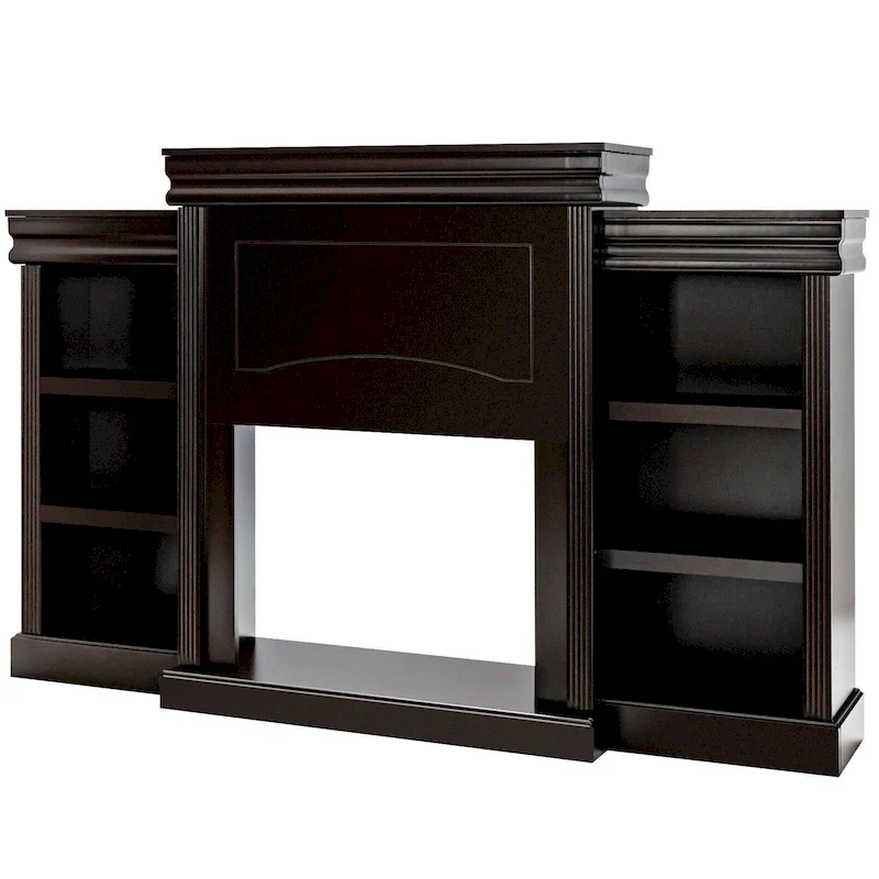 70-Inch Brown Media Entertainment Center with Bookcase and Fireplace Cabinet - 70 x 11x 45(L x W x H)