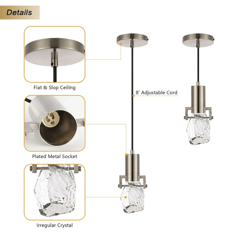 WINGBO 1-Light Modern Crystal Pendant Light Fixture Height Adjustable Hanging Light