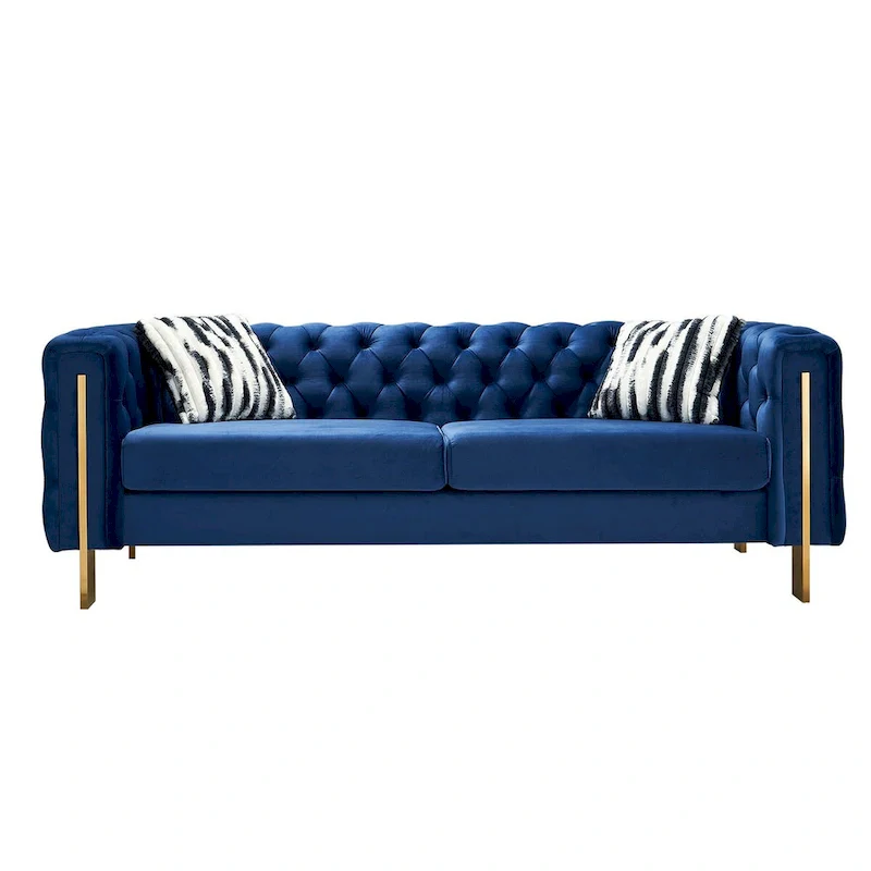 84.25 Luxurious Tufted Velvet Upholstered 3-Seater Sofa with Golden Metal Armrest Design and Buttoned Tufted Backrest