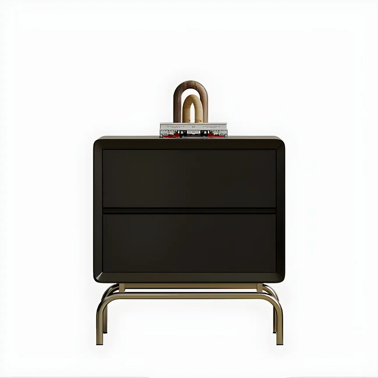 Classic Black Wood 2 Drawers Nightstand with Silver Metal Base