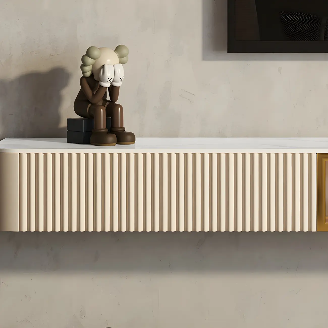 71 Beige Stone Floating TV Stand with Cable Management