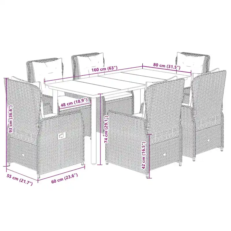 vidaXL Garden Dining Set Grey PE rattan Large Garden Dining Set - 63 x 31.5 x 29.1/ 6