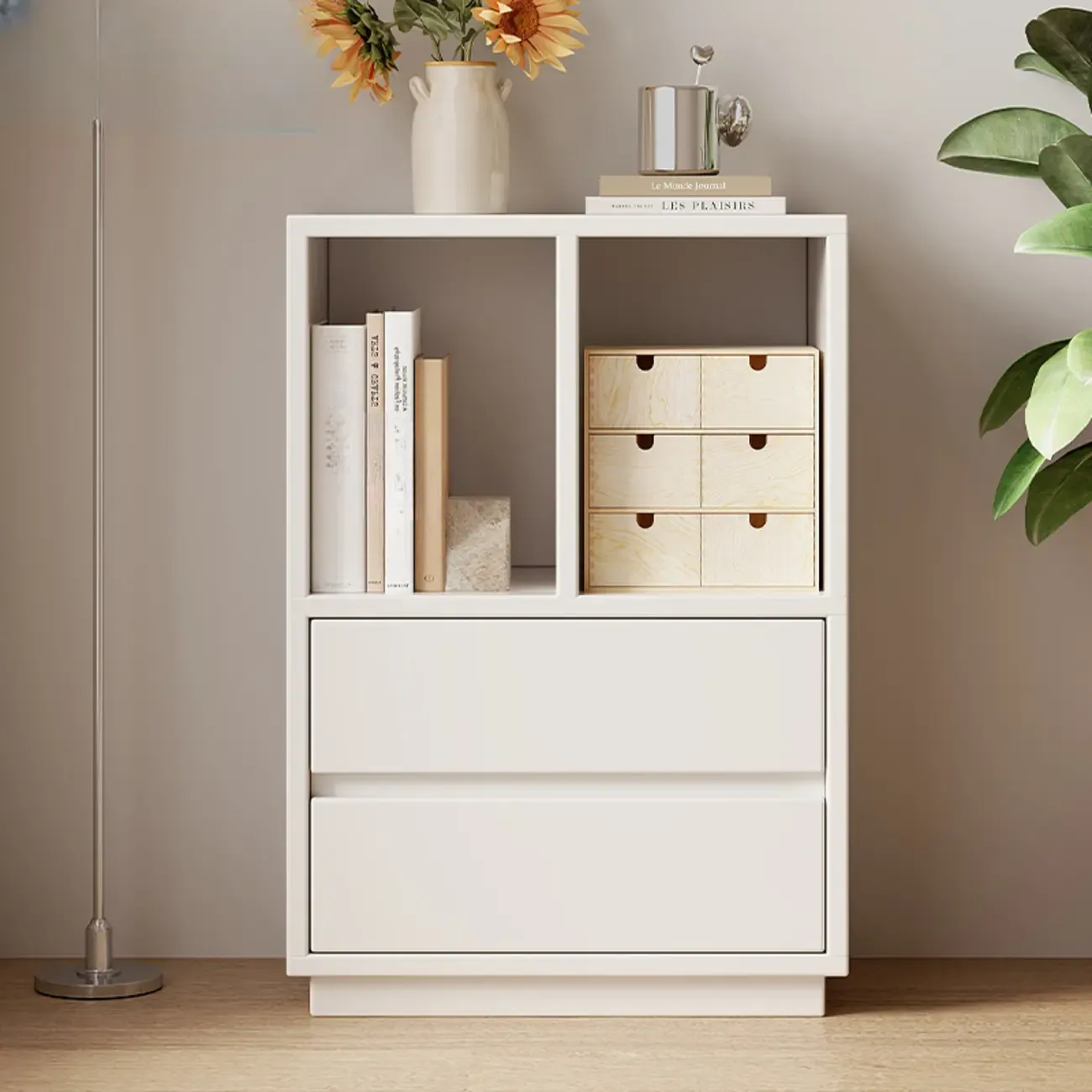 Modern Closed Back 3-Tier White Wood Storage Bookcase