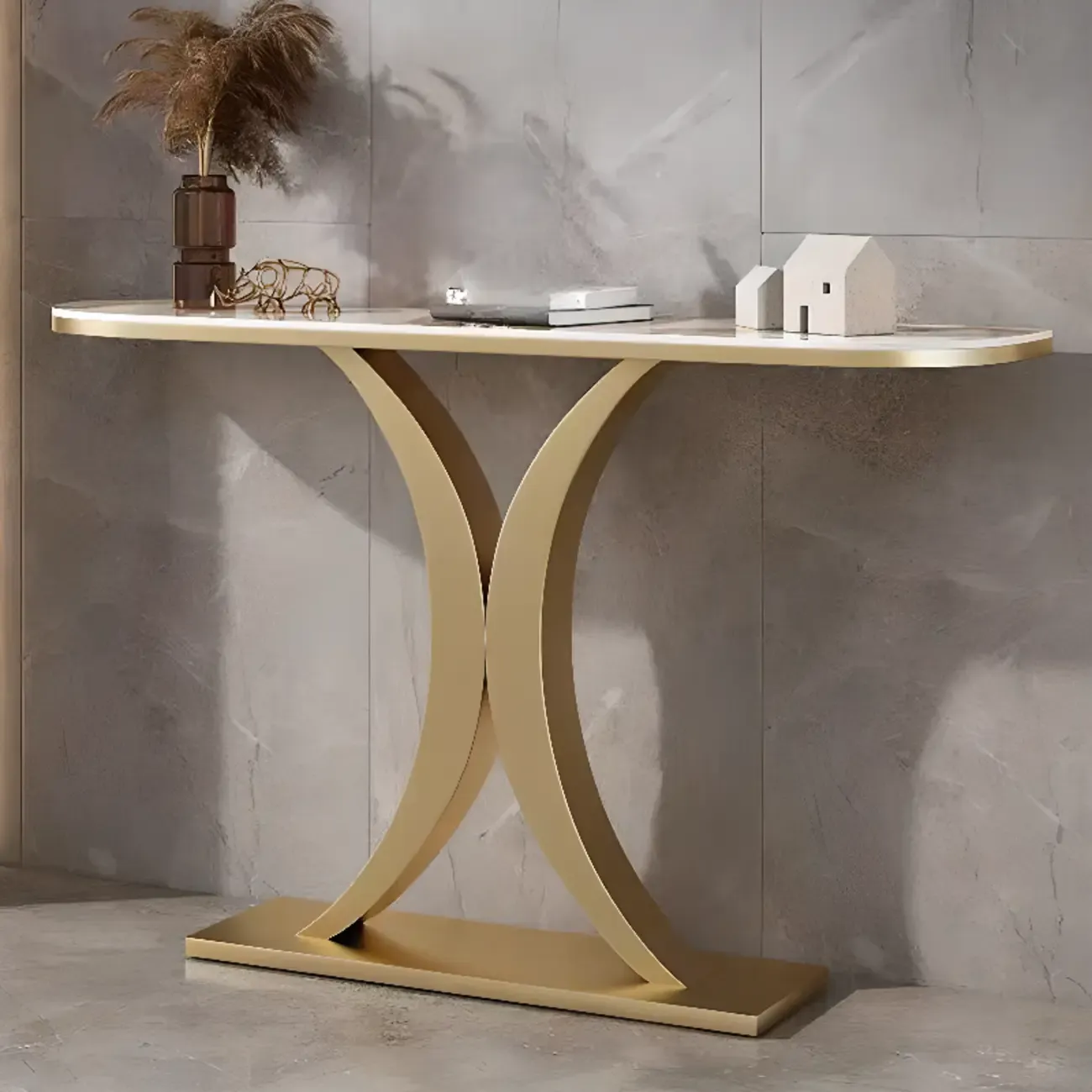 White Half-Circle Stone Rose Gold Entryway Console Table
