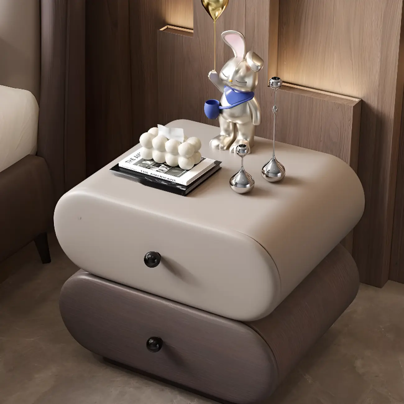 Modern Leather Wood Dual-Tone Drawers Nightstand