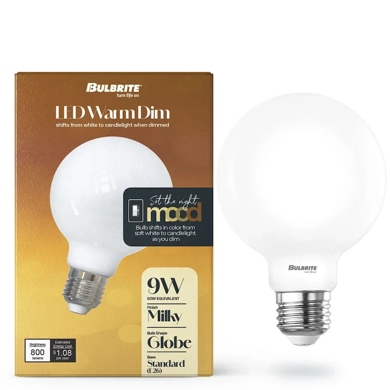 Bulbrite 9 Watt LED G25 Light Bulbs, Warm Dimming 3000K (Soft White) - 1800K (Candlelight), 800 Lumens, (2 Pack) - Pack of 2