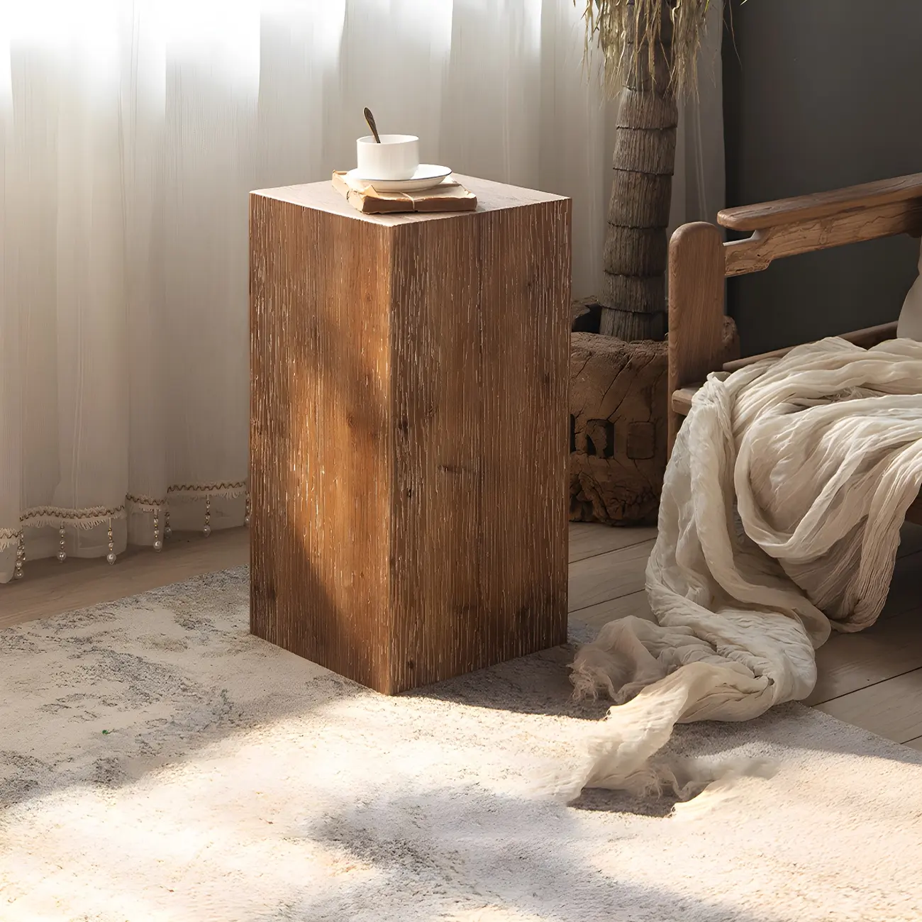 Elegant Geometric Wooden Block Accent Side Table