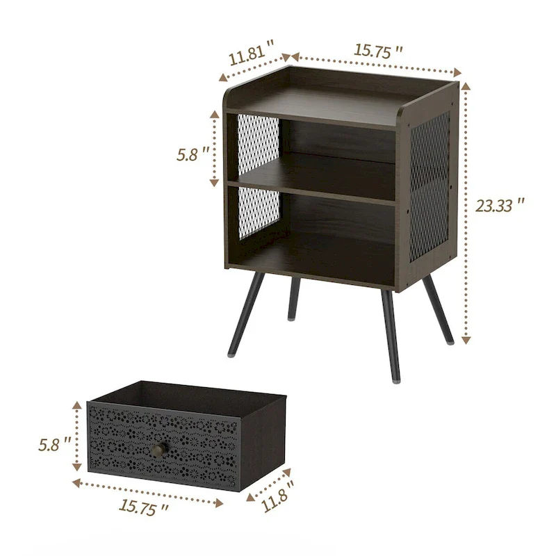 Wooden Bedside Table With Metal Legs Nightstand Set Of 2