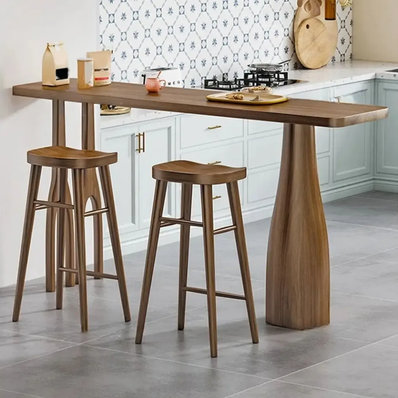 Modern Pine Wood Bar Set with Upholstered Chairs