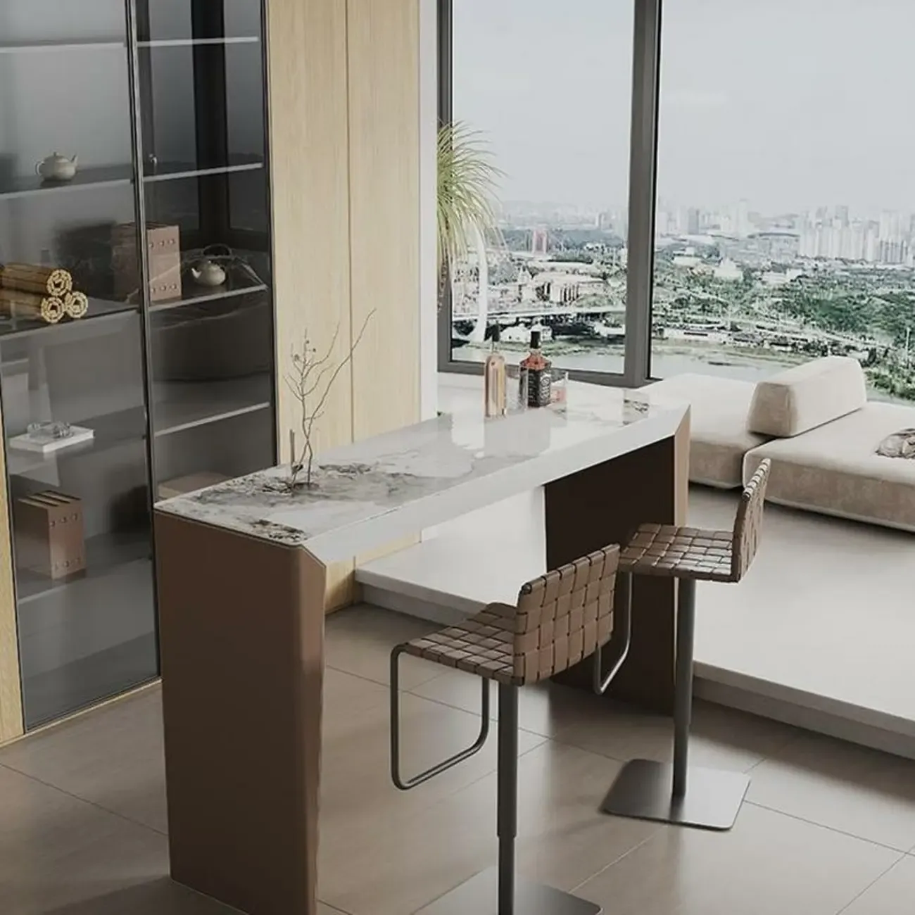 Stylish White Brown Stone Leather-Covered Leg Bar Tables