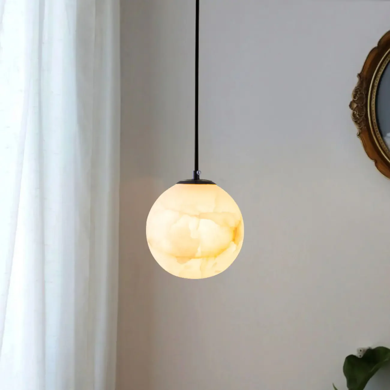 Modern Stone Globe Pendant Light Black Metal Hanging