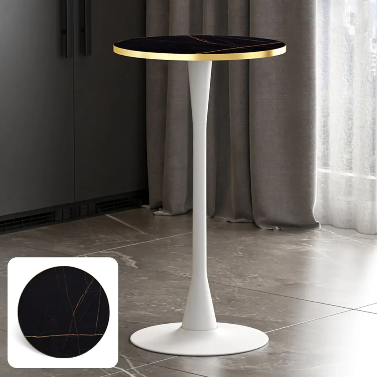 Modern Matte Black Metal Pedestal Round Wood Bar Tables