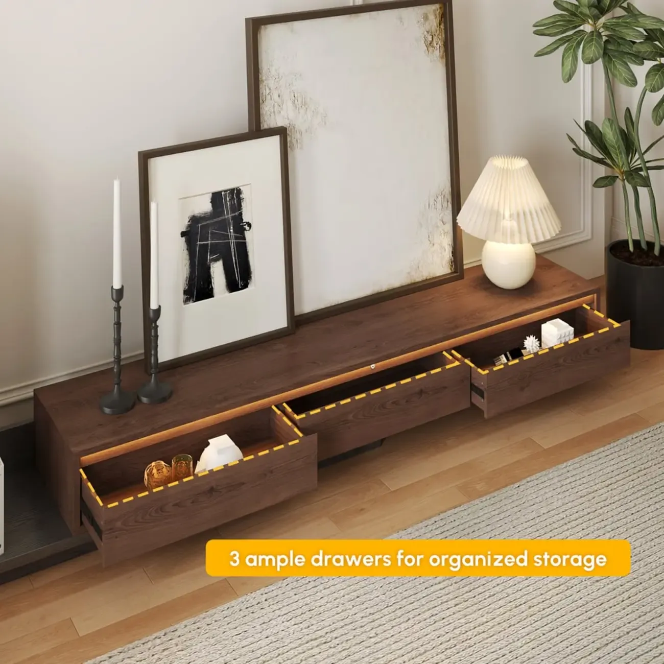 Mid-Century Walnut Extendable Wooden TV Stand with Drawers