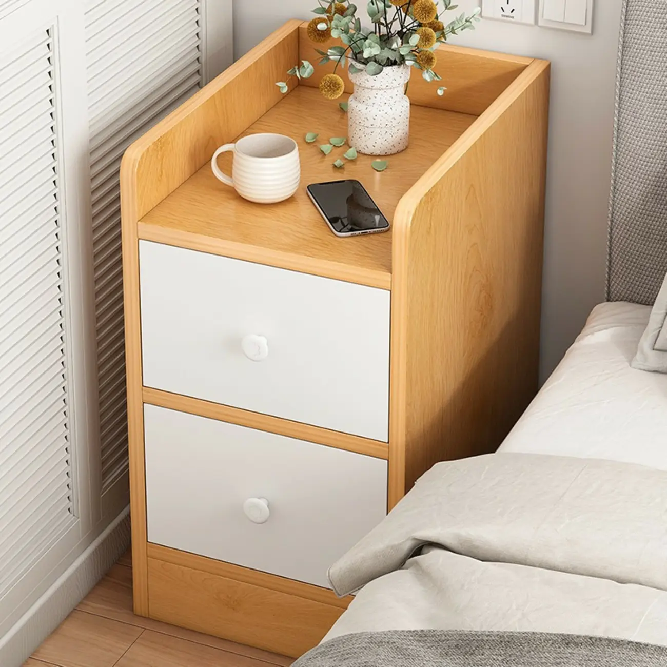 Scandinavian Wooden 2-Drawers Narrow Nightstand