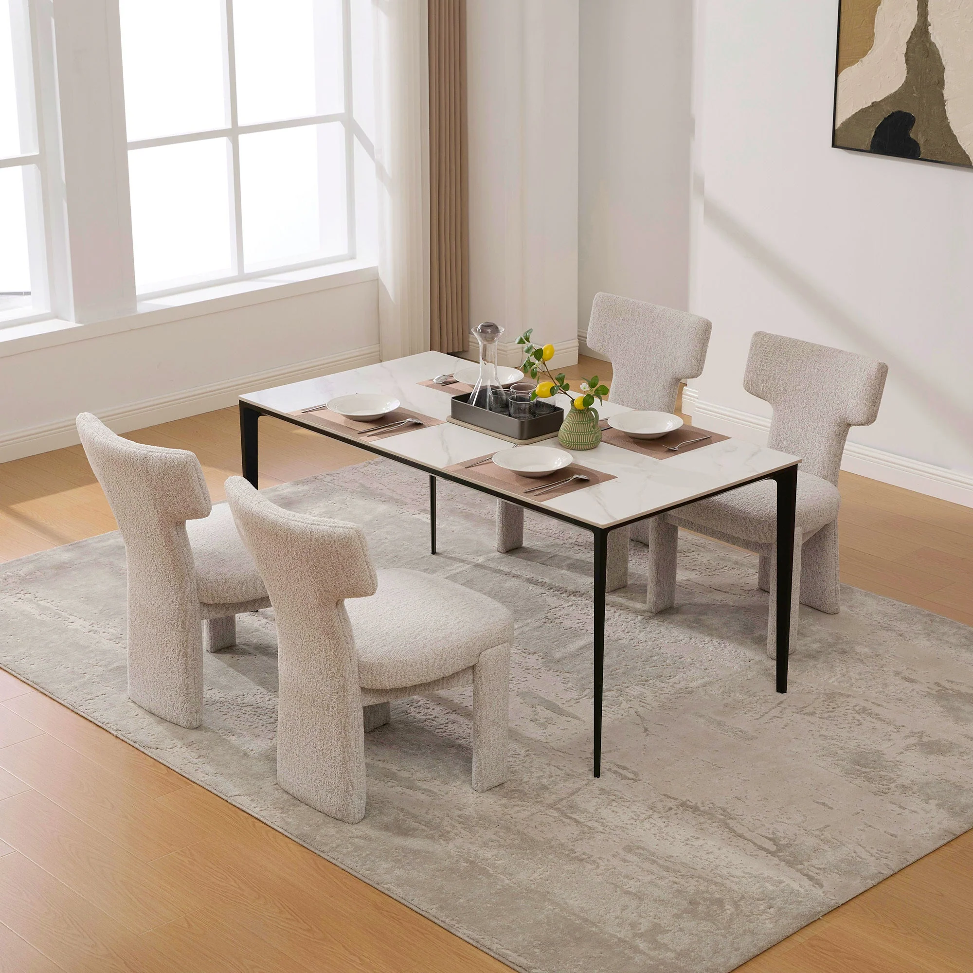 Curve Design Wide Modern Upholstered Chenille Dining Chair Set of 4