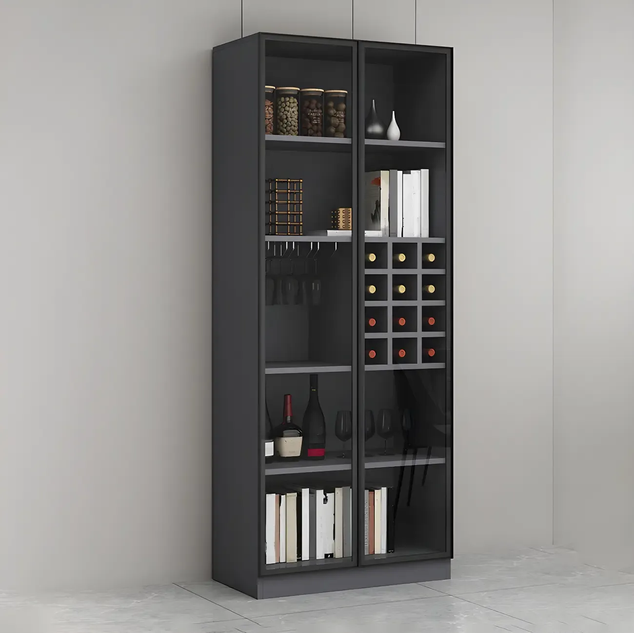 Lighting Modern Freestanding Black Wooden Wine Cabinet