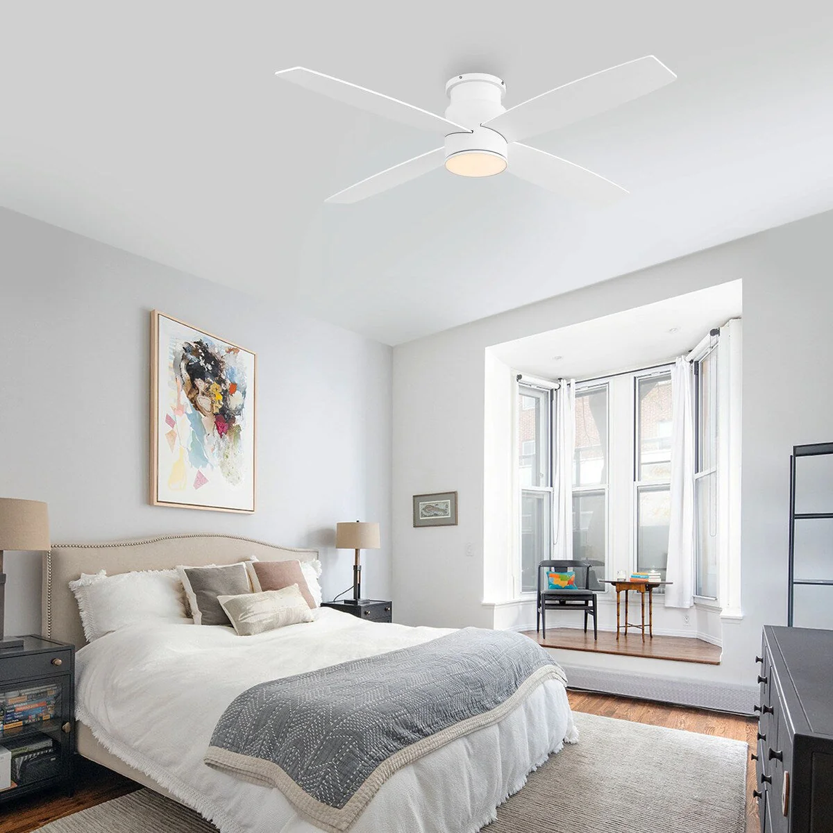 WINGBO 44/52 Inch Flush Mount DC Ceiling Fan with Lights and Remote, 4 Reversible Blades