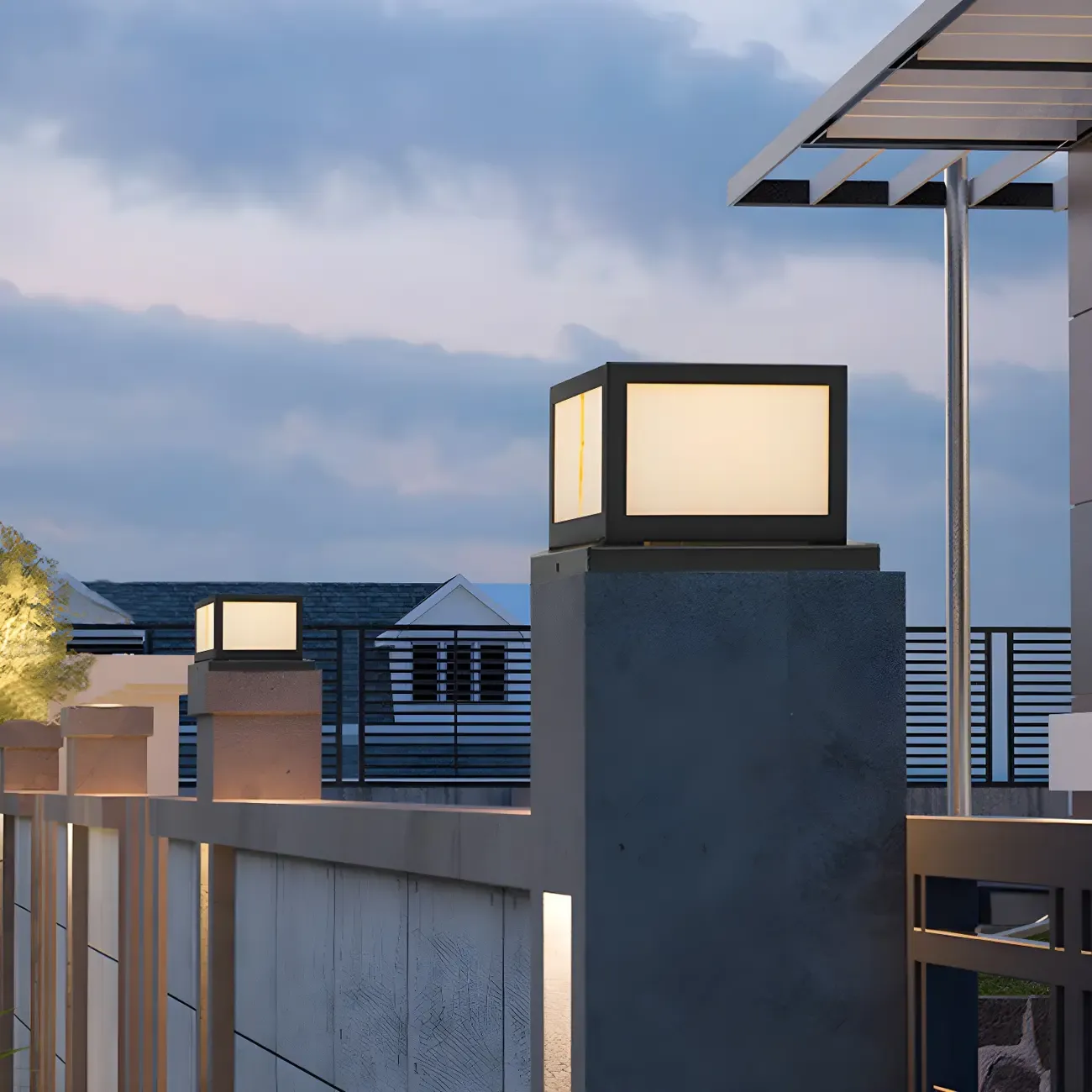 Modern Black Cube Solar Outdoor Post Lights