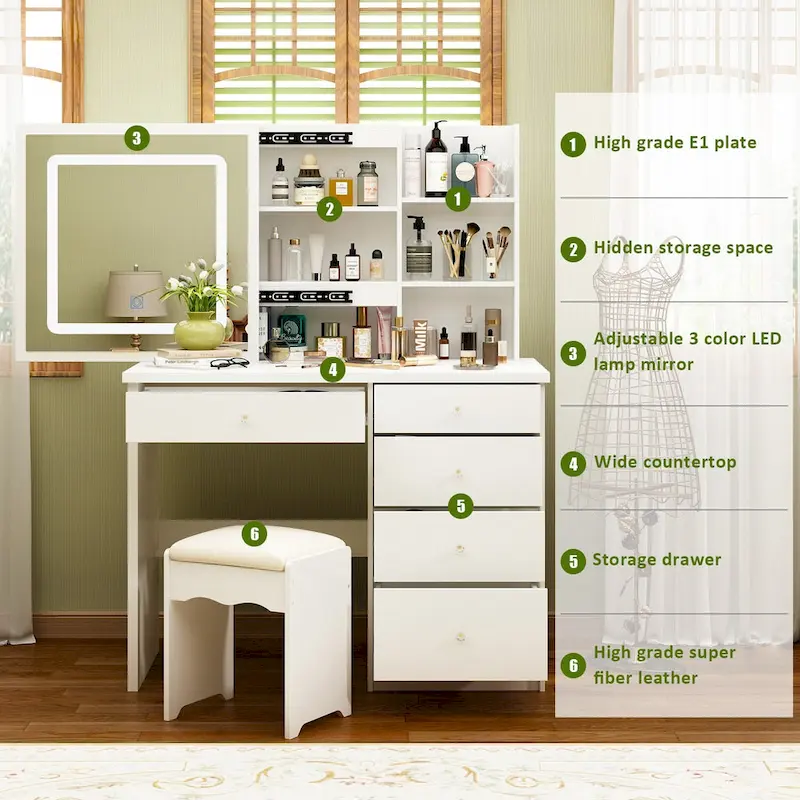 39.4Wide Makeup Vanity Set with Stool and Touching Light Mirror - 39.4W