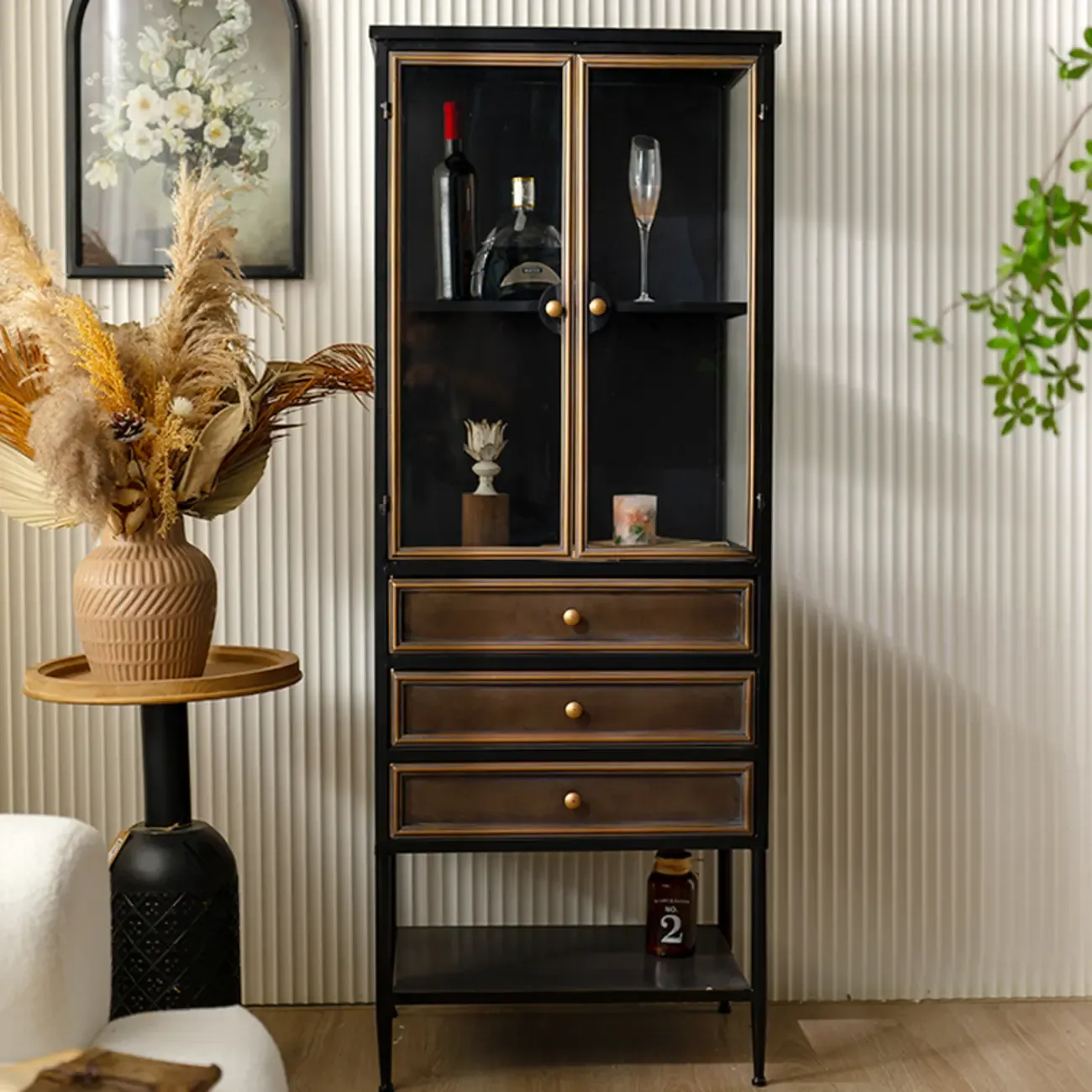 Vintage 3-Drawer Wood Freestanding Wine Cabinet with Doors