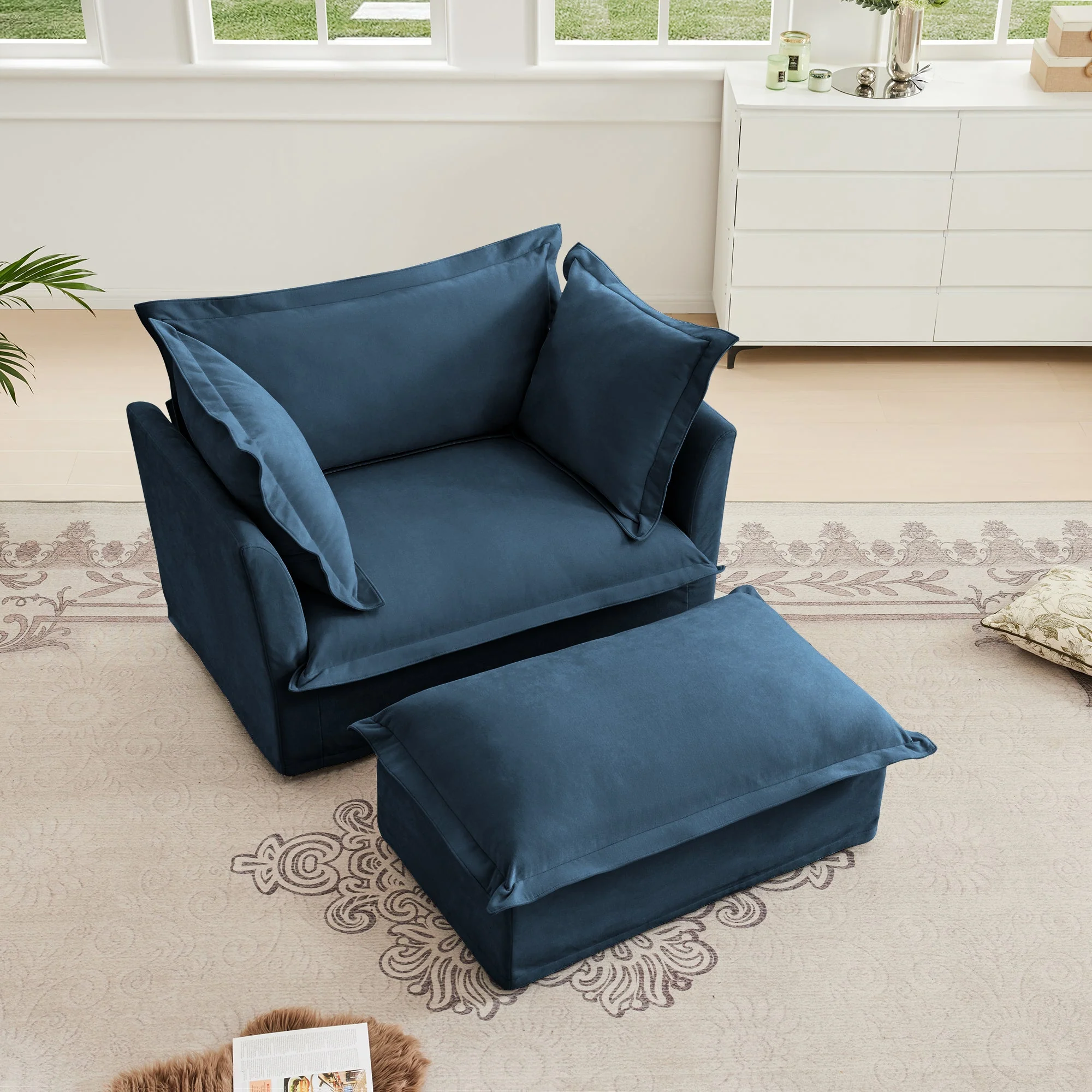 Walker Edison | Cloud Slipcovered Blue Armchair with Ottoman