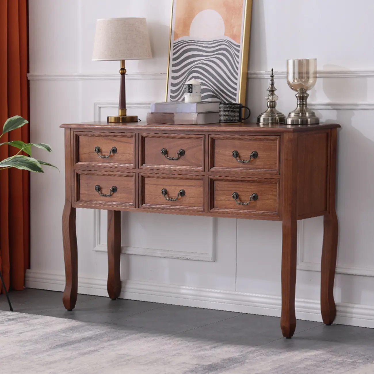 Rectangular Dark Walnut Console Table with Drawers